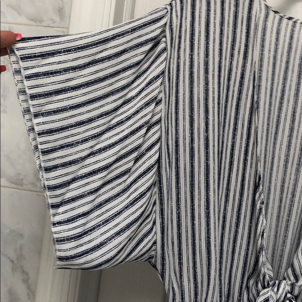 Navy & white pinstripe, tie front shorts romper - Picture 5 of 8